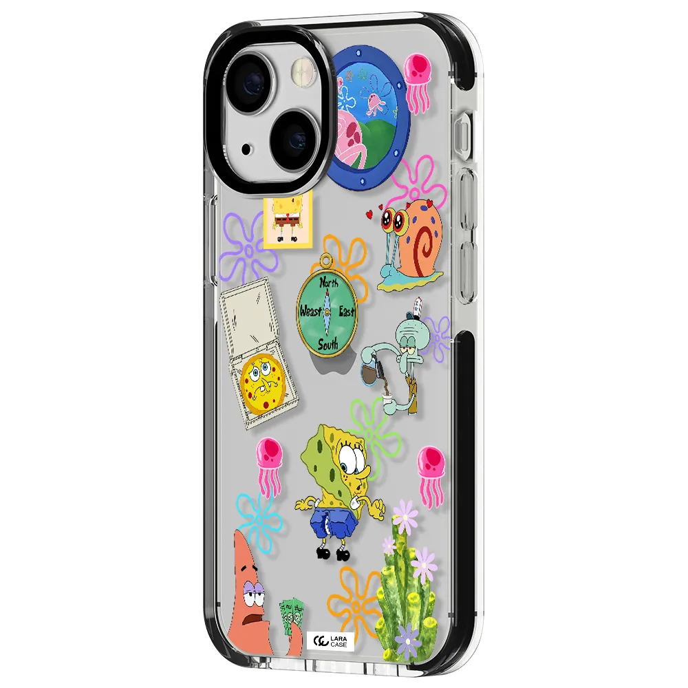 a collection of cartoon characters Apple iPhone 13 mini impact black border Case