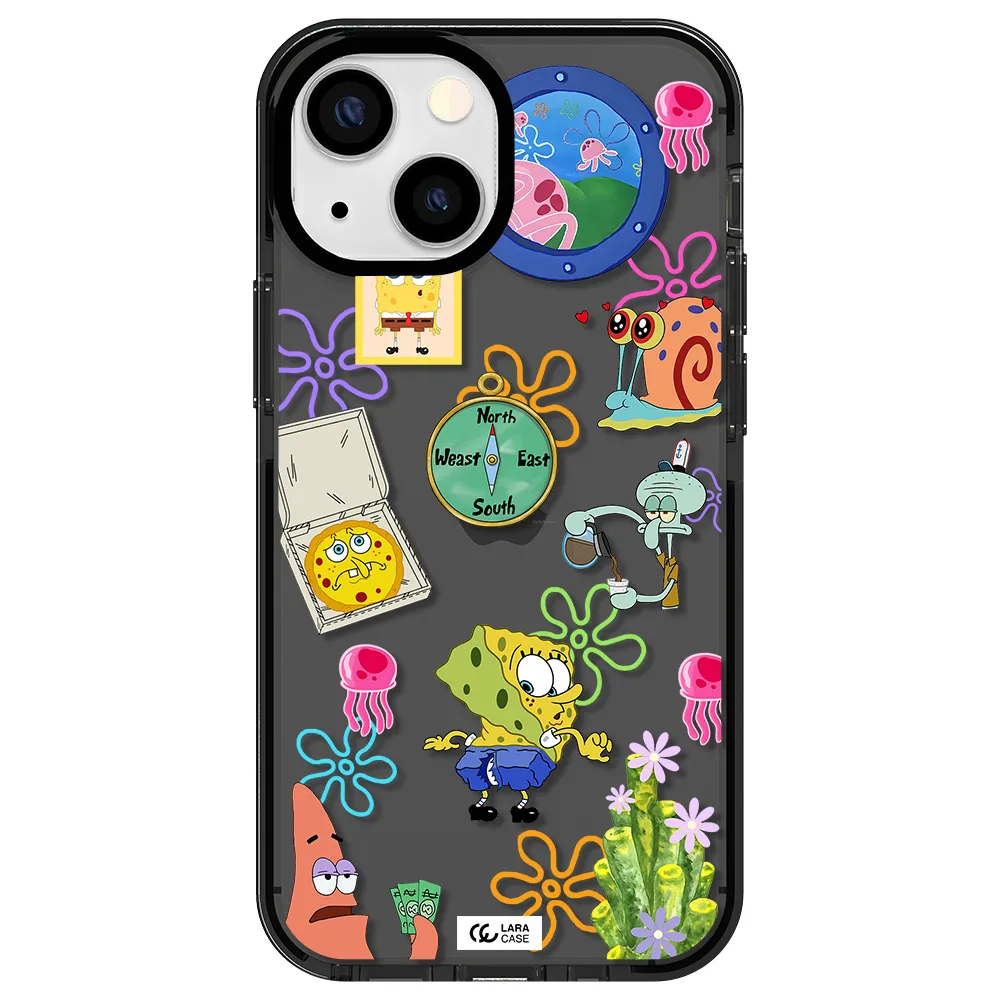 a collection of cartoon characters Apple iPhone 13 mini impact Smoke Black Case