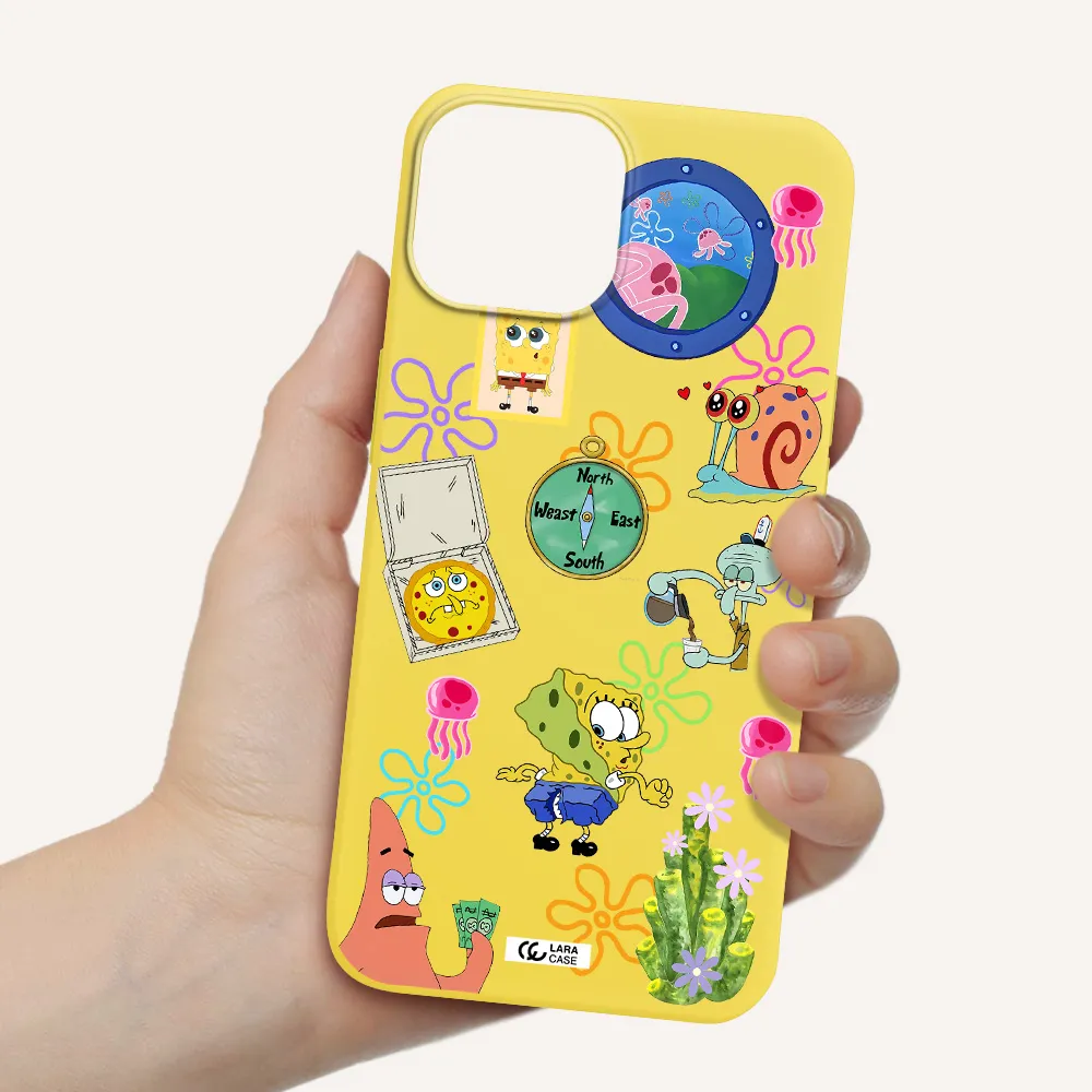 a collection of cartoon characters Apple iPhone 13 mini Silicone canary yellow Case