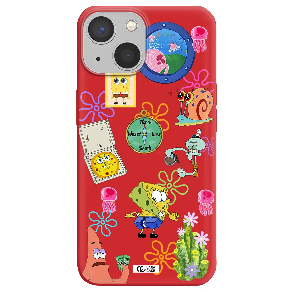 a collection of cartoon characters Apple iPhone 13 mini Silicone Imperial Red Case