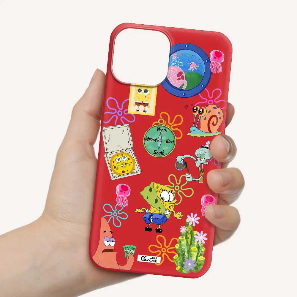 a collection of cartoon characters Apple iPhone 13 mini Silicone Imperial Red Case