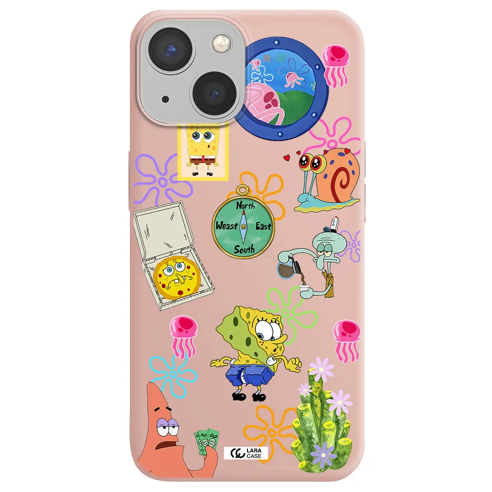 a collection of cartoon characters Apple iPhone 13 mini Silicone pastel pink Case
