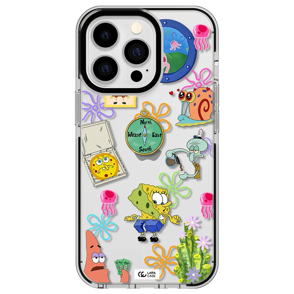 a collection of cartoon characters Apple iPhone 13 Pro impact black border Case