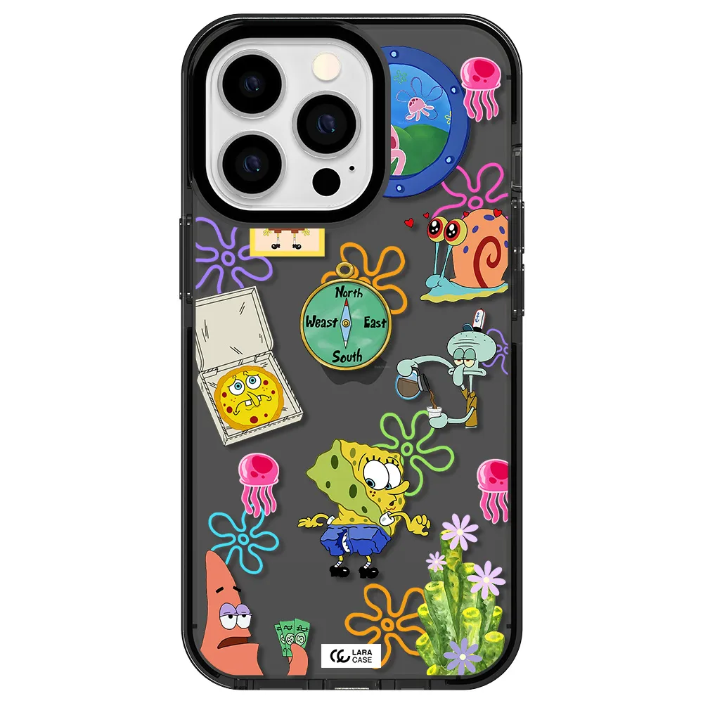 a collection of cartoon characters Apple iPhone 13 Pro impact Smoke Black Case