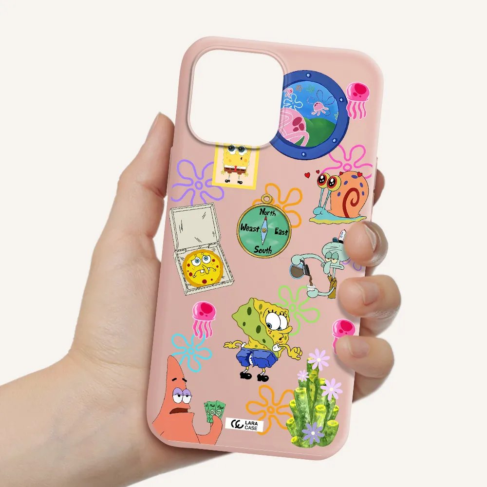 a collection of cartoon characters Apple iPhone 13 Pro Max Silicone pastel pink Case