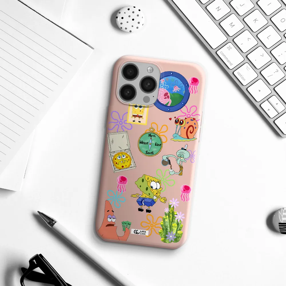 a collection of cartoon characters Apple iPhone 13 Pro Max Silicone pastel pink Case