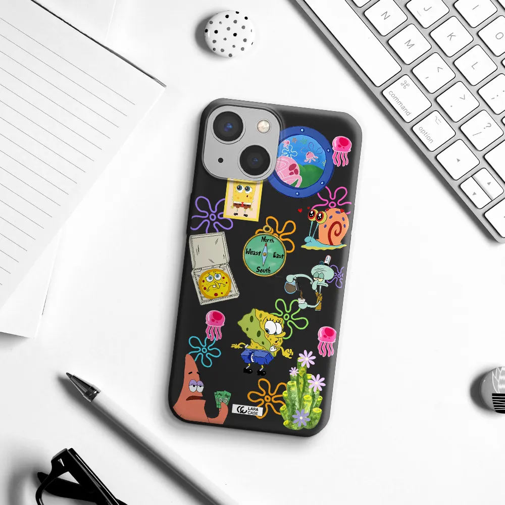 a collection of cartoon characters Apple iPhone 13 Silicone black Case