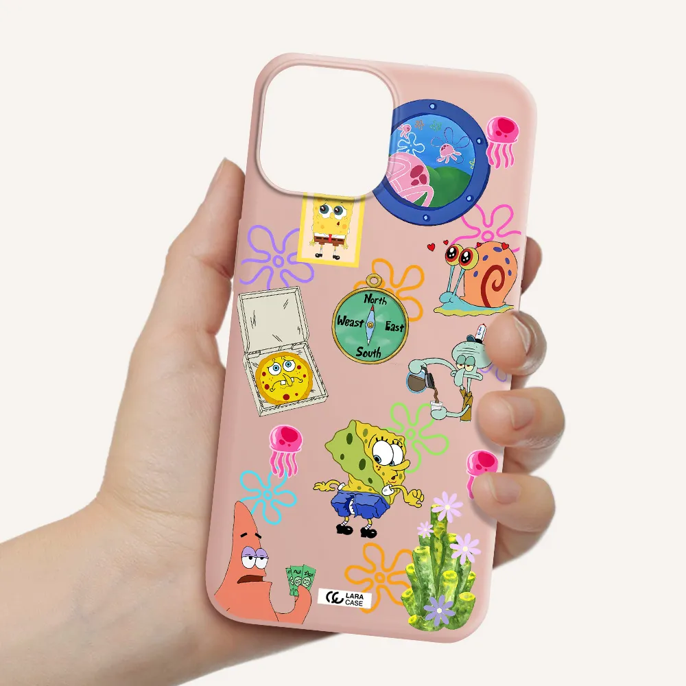 a collection of cartoon characters Apple iPhone 13 Silicone pastel pink Case