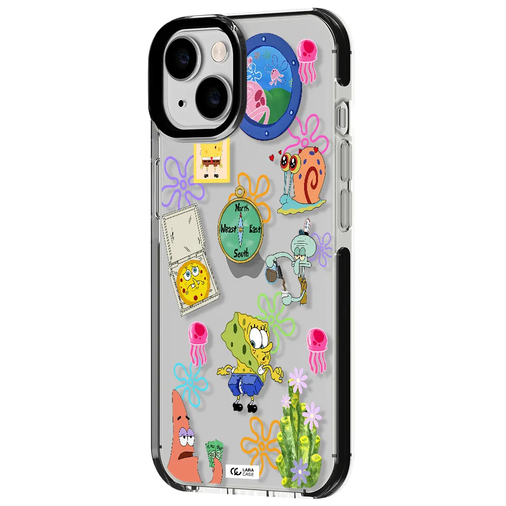 a collection of cartoon characters Apple iPhone 14 impact black border Case