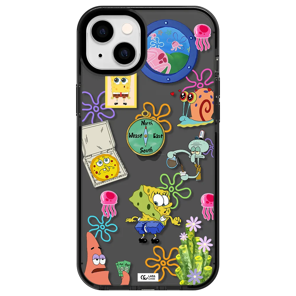 a collection of cartoon characters Apple iPhone 14 plus impact Smoke Black Case