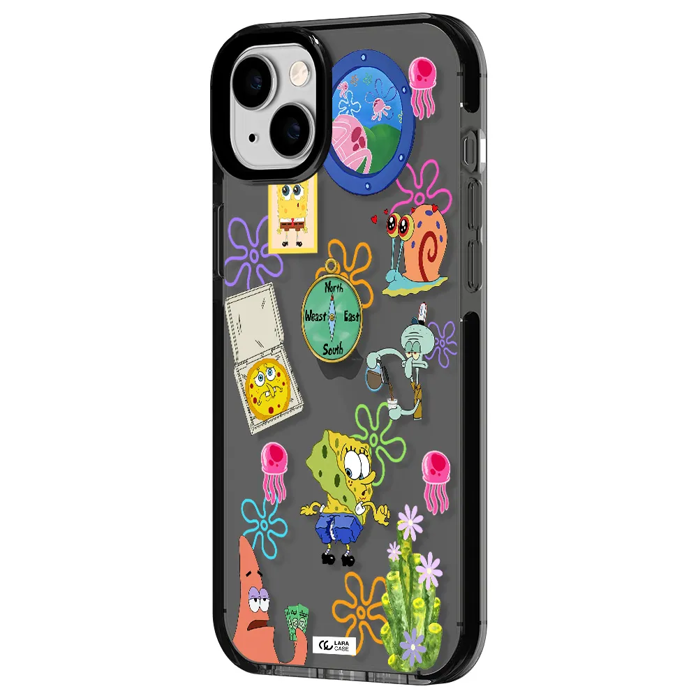 a collection of cartoon characters Apple iPhone 14 plus impact Smoke Black Case