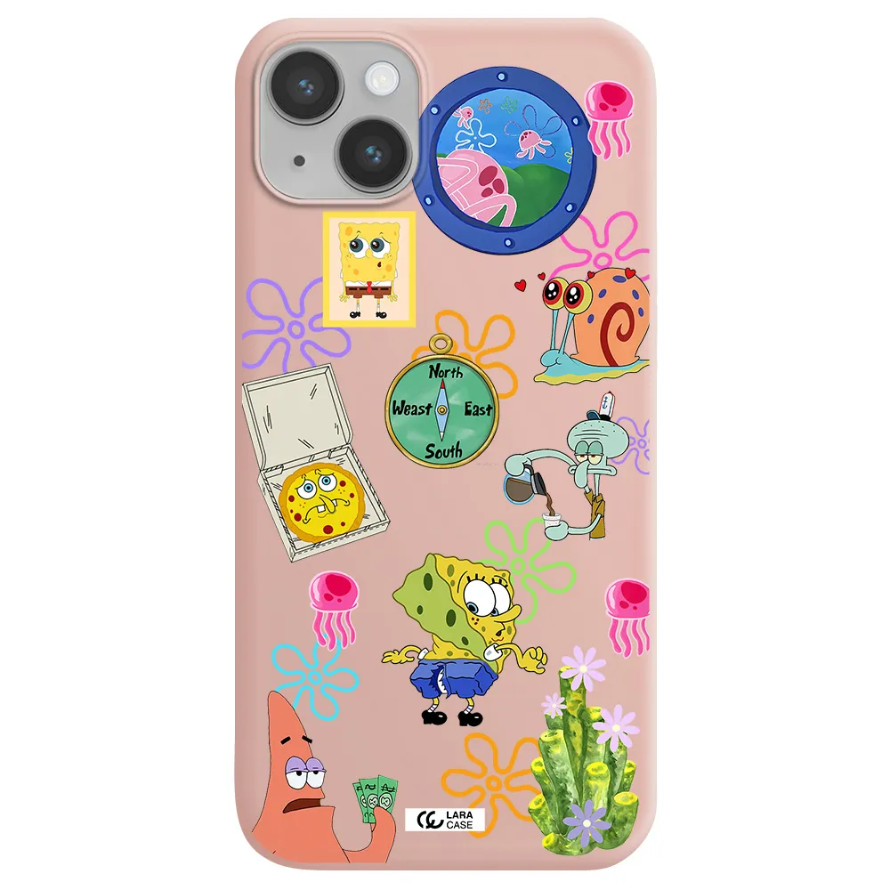 a collection of cartoon characters Apple iPhone 14 plus Silicone pastel pink Case
