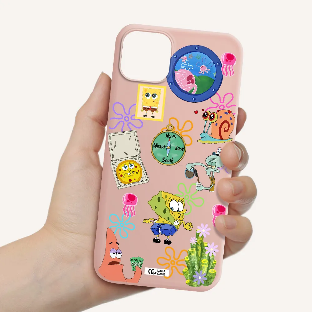 a collection of cartoon characters Apple iPhone 14 plus Silicone pastel pink Case