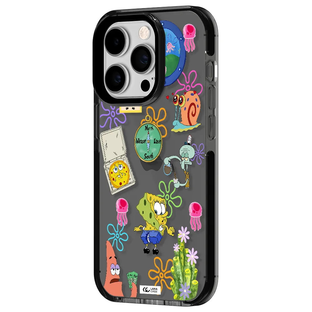 a collection of cartoon characters Apple iPhone 14 pro impact Smoke Black Case