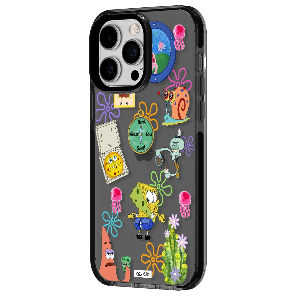 a collection of cartoon characters Apple iPhone 14 pro max impact Smoke Black Case