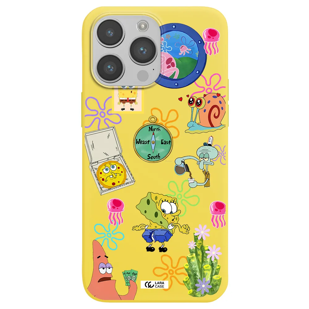 a collection of cartoon characters Apple iPhone 14 pro max Silicone canary yellow Case
