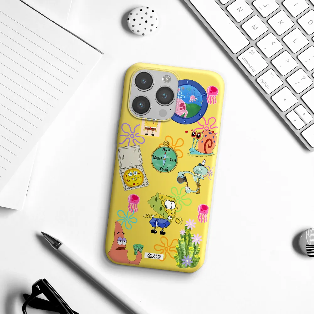 a collection of cartoon characters Apple iPhone 14 pro max Silicone canary yellow Case