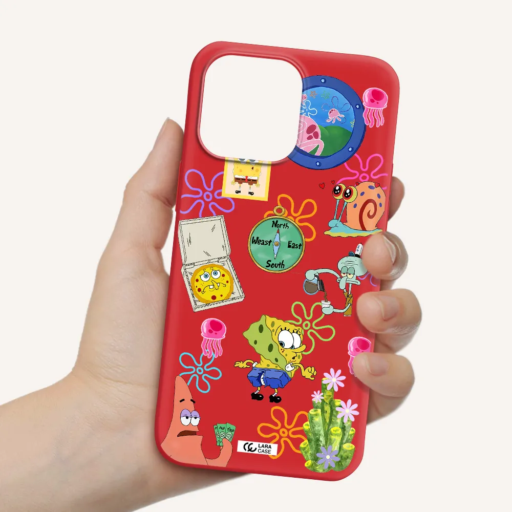 a collection of cartoon characters Apple iPhone 14 pro Silicone Imperial Red Case
