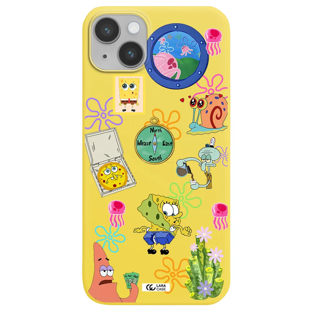 a collection of cartoon characters Apple iPhone 14 Silicone canary yellow Case