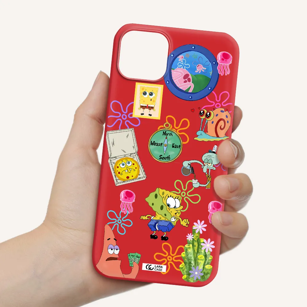 a collection of cartoon characters Apple iPhone 14 Silicone Imperial Red Case