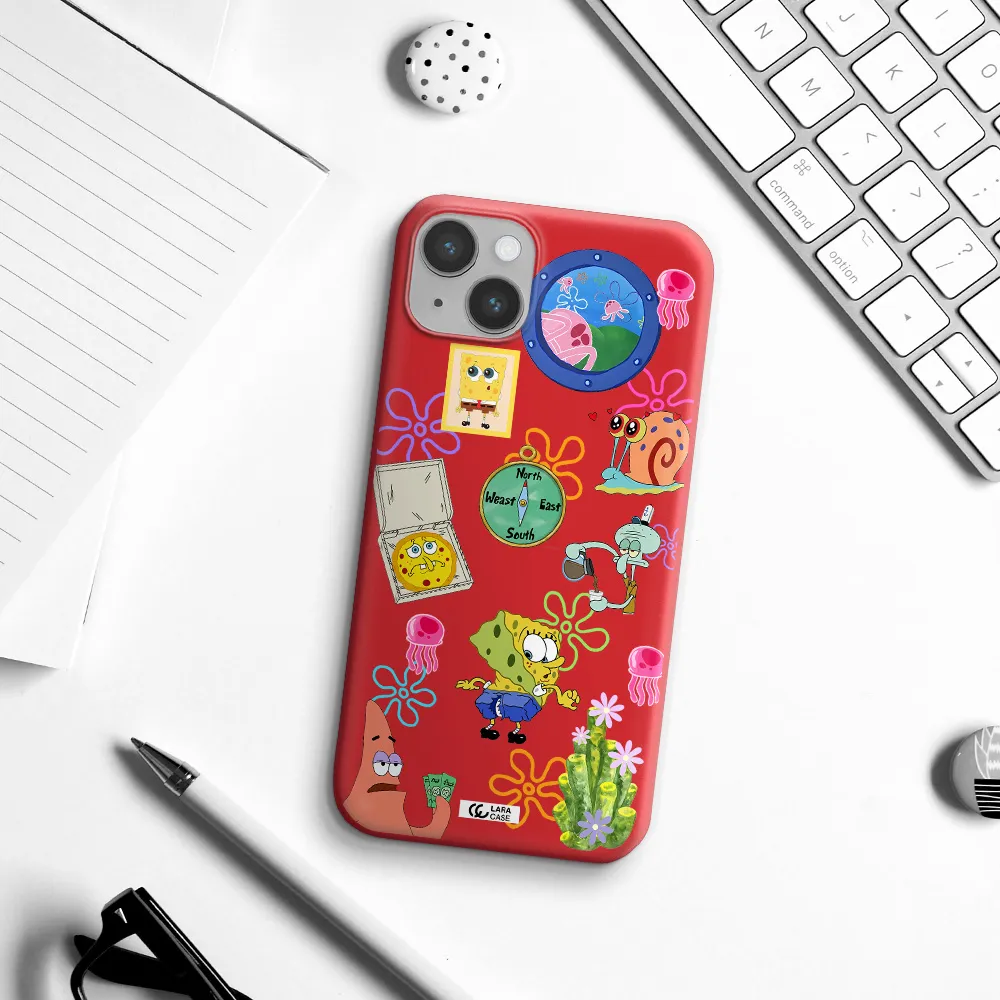 a collection of cartoon characters Apple iPhone 14 Silicone Imperial Red Case