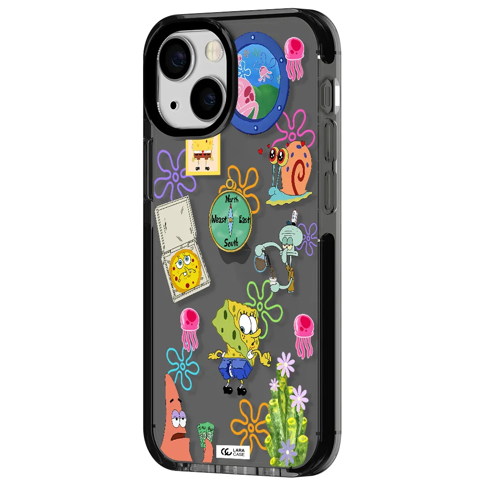a collection of cartoon characters Apple iPhone 15 impact Smoke Black Case