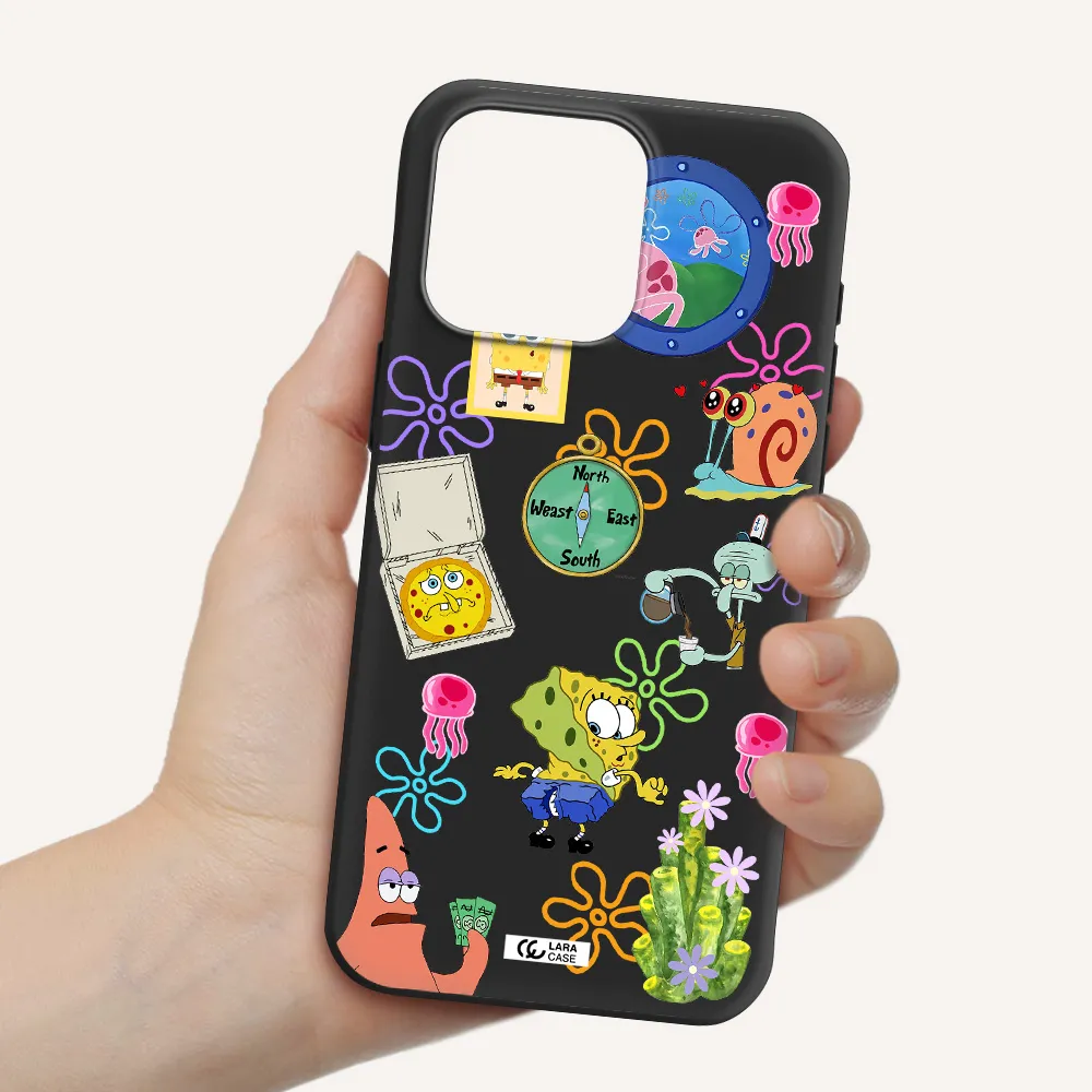 a collection of cartoon characters Apple Iphone 15 Pro max Silicone black Case