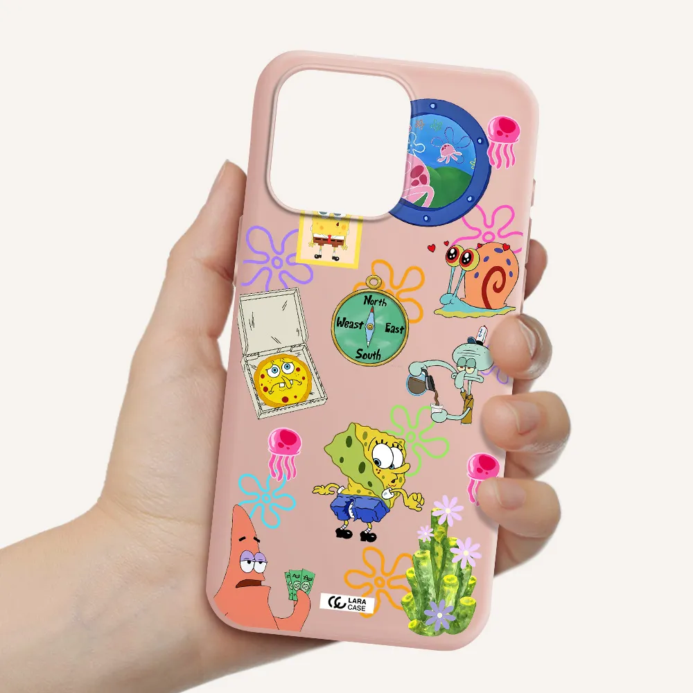 a collection of cartoon characters Apple Iphone 15 Pro max Silicone pastel pink Case