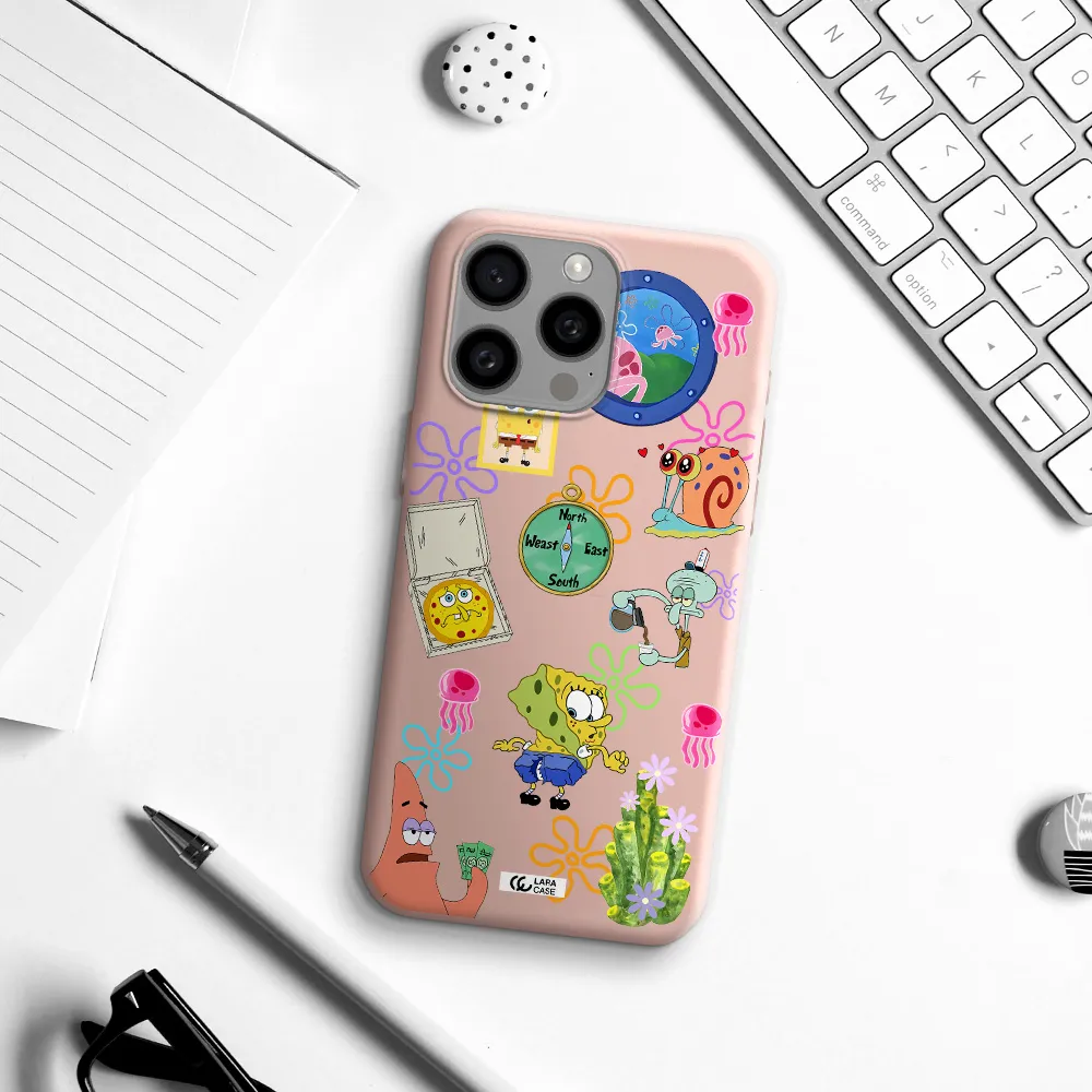 a collection of cartoon characters Apple Iphone 15 Pro max Silicone pastel pink Case
