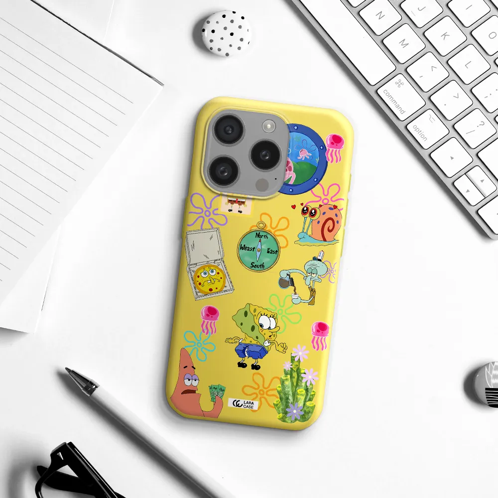 A Collection Of Cartoon Characters Apple Iphone 15 Pro Silicone Canary Yellow Case