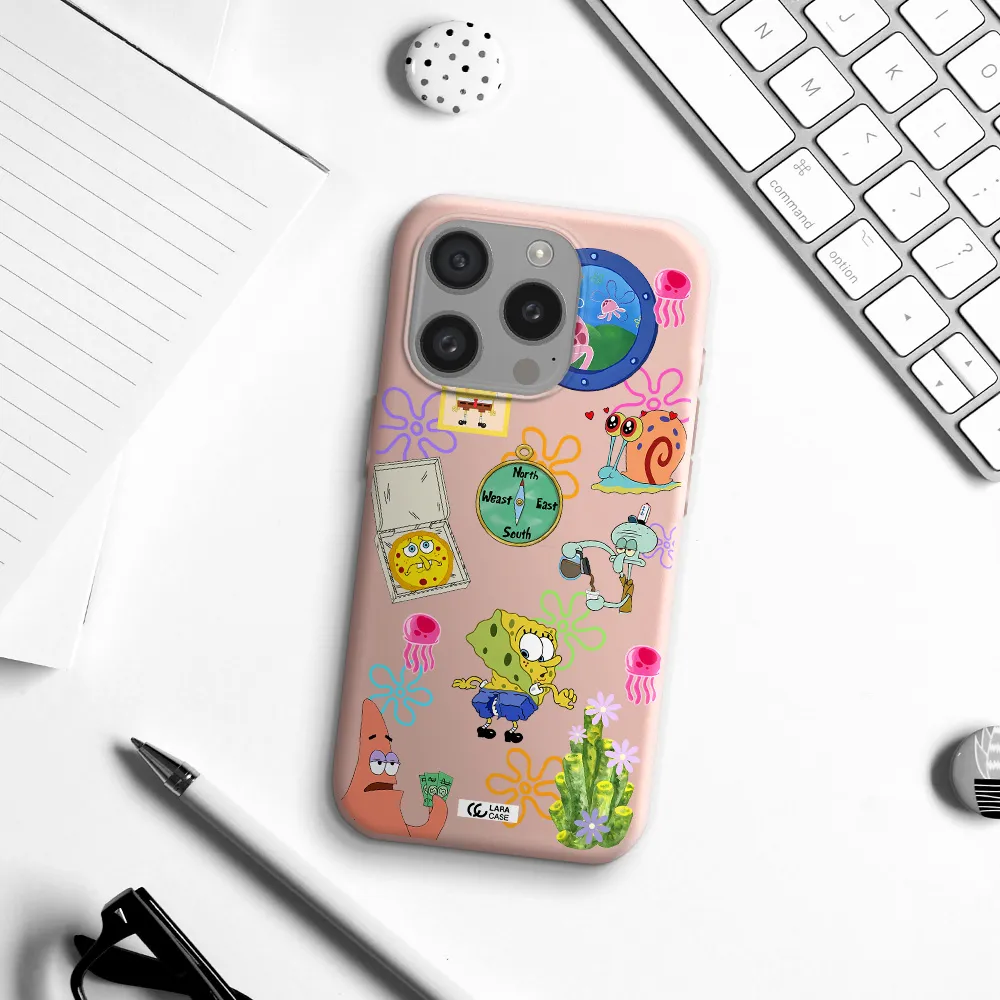 A Collection Of Cartoon Characters Apple Iphone 15 Pro Silicone Pastel Pink Case