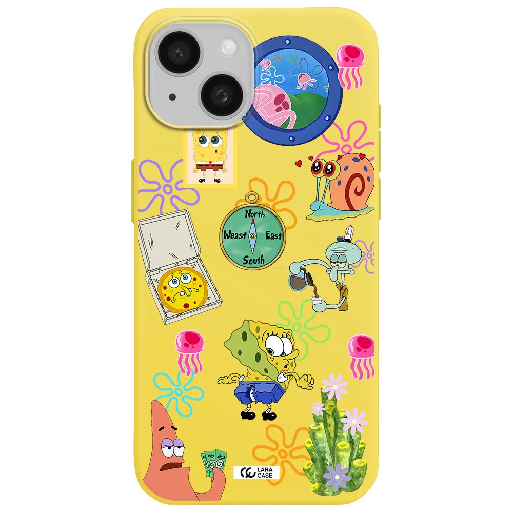 a collection of cartoon characters Apple iPhone 15 Silicone canary yellow Case