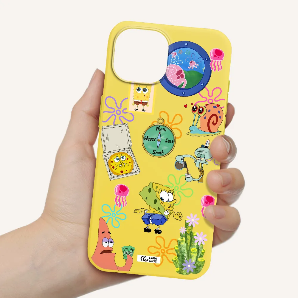 a collection of cartoon characters Apple iPhone 15 Silicone canary yellow Case