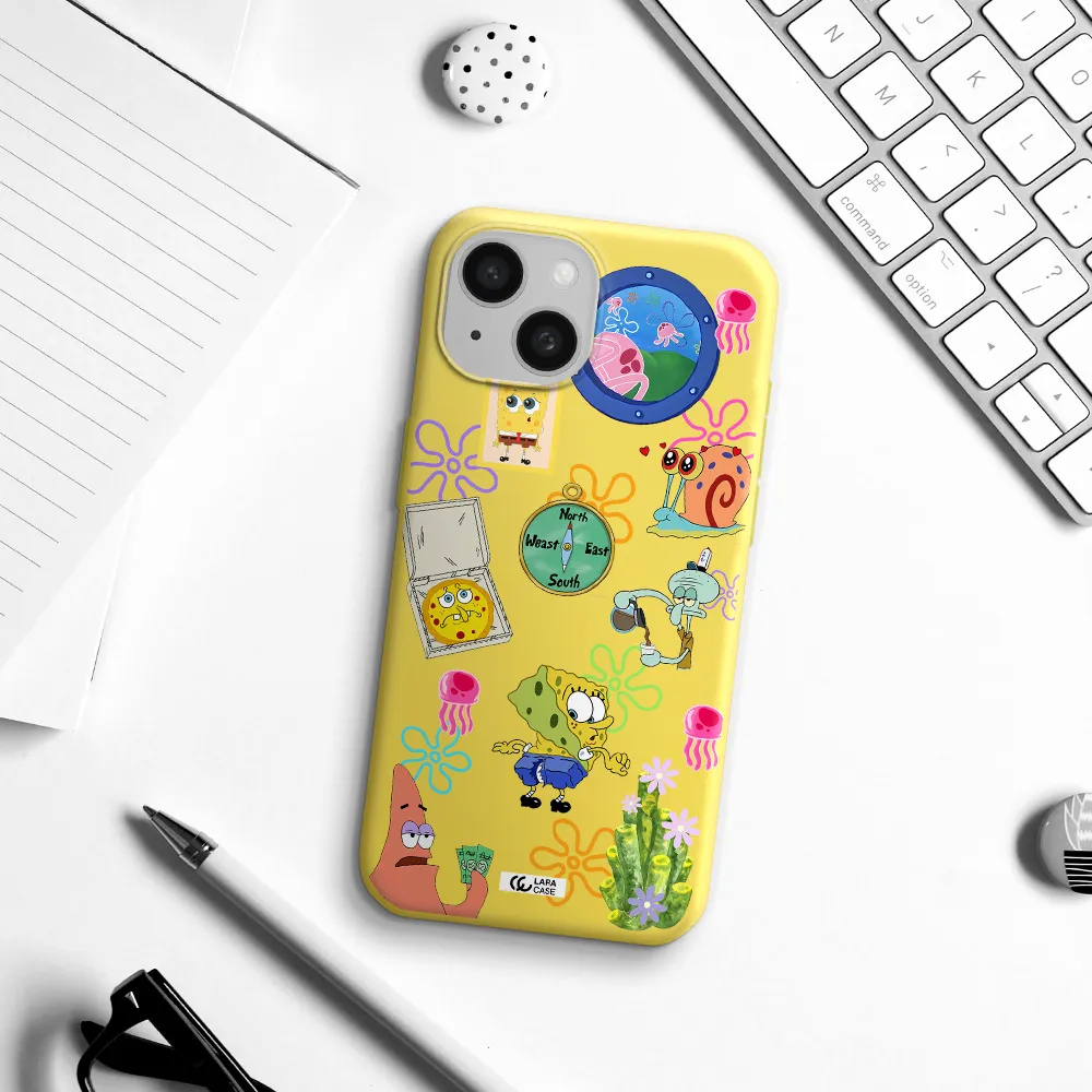 a collection of cartoon characters Apple iPhone 15 Silicone canary yellow Case