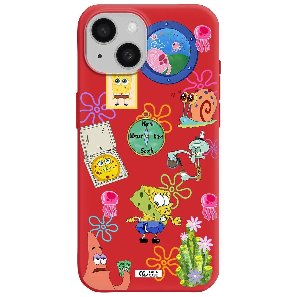 A Collection Of Cartoon Characters Apple Iphone 15 Silicone Imperial Red Case