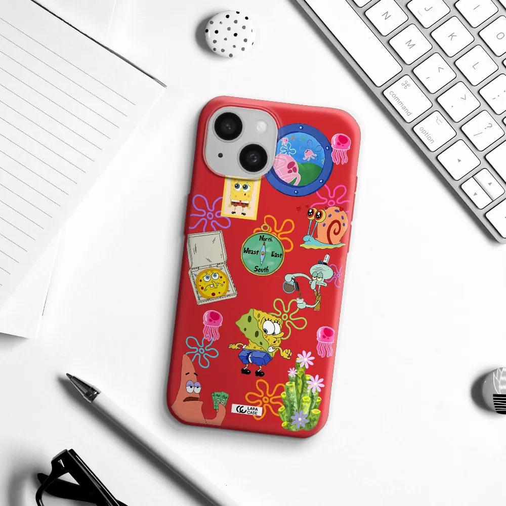 A Collection Of Cartoon Characters Apple Iphone 15 Silicone Imperial Red Case