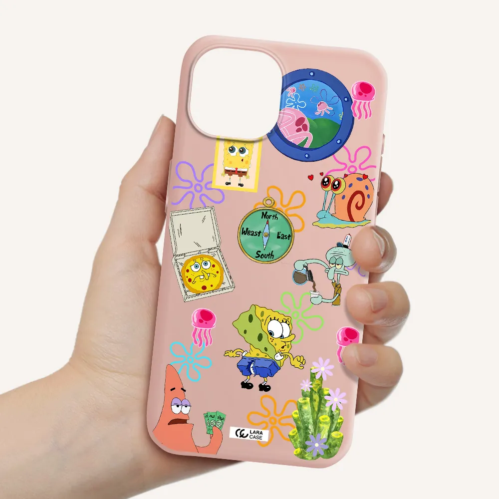 A Collection Of Cartoon Characters Apple Iphone 15 Silicone Pastel Pink Case