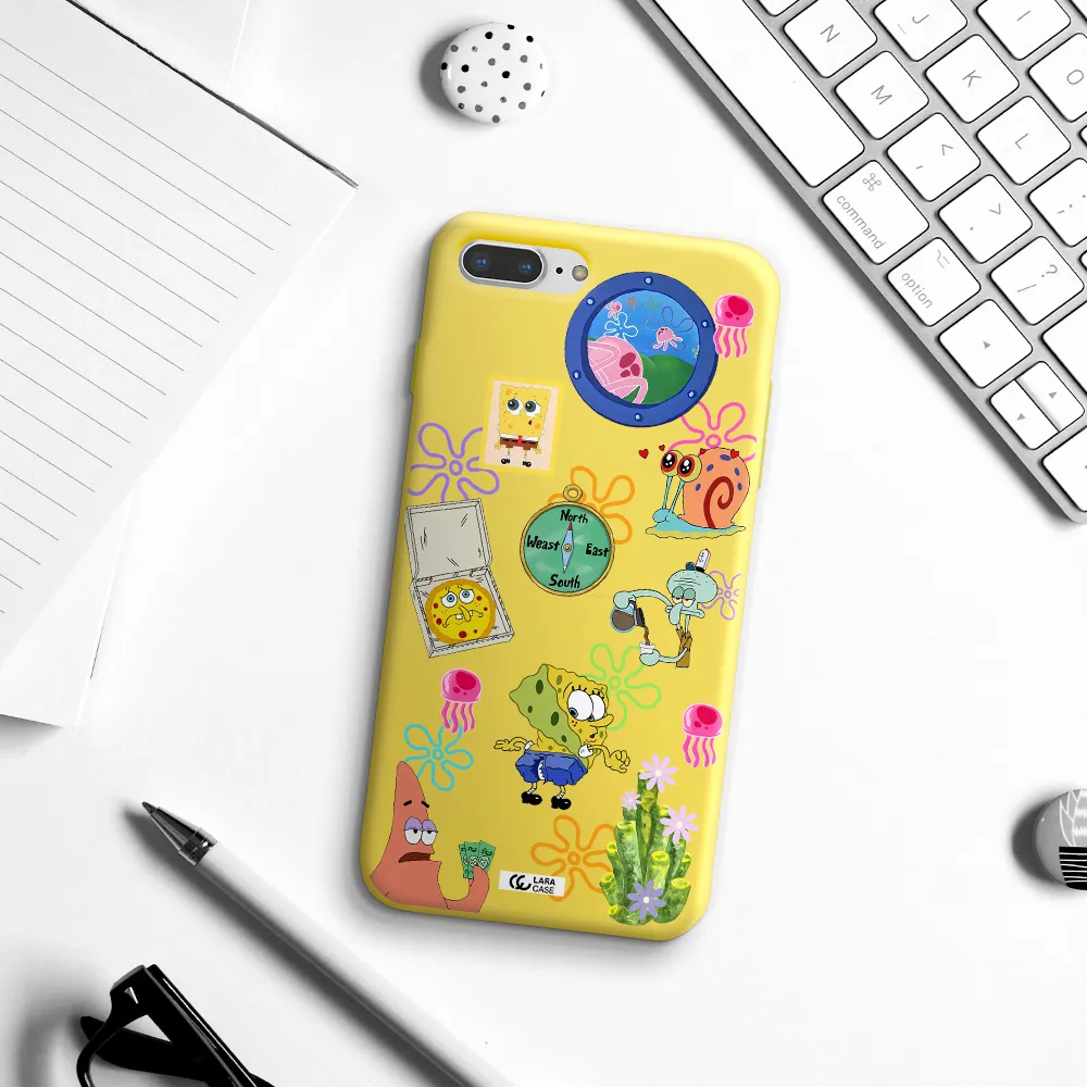 a collection of cartoon characters Apple iPhone 8 plus Silicone canary yellow Case