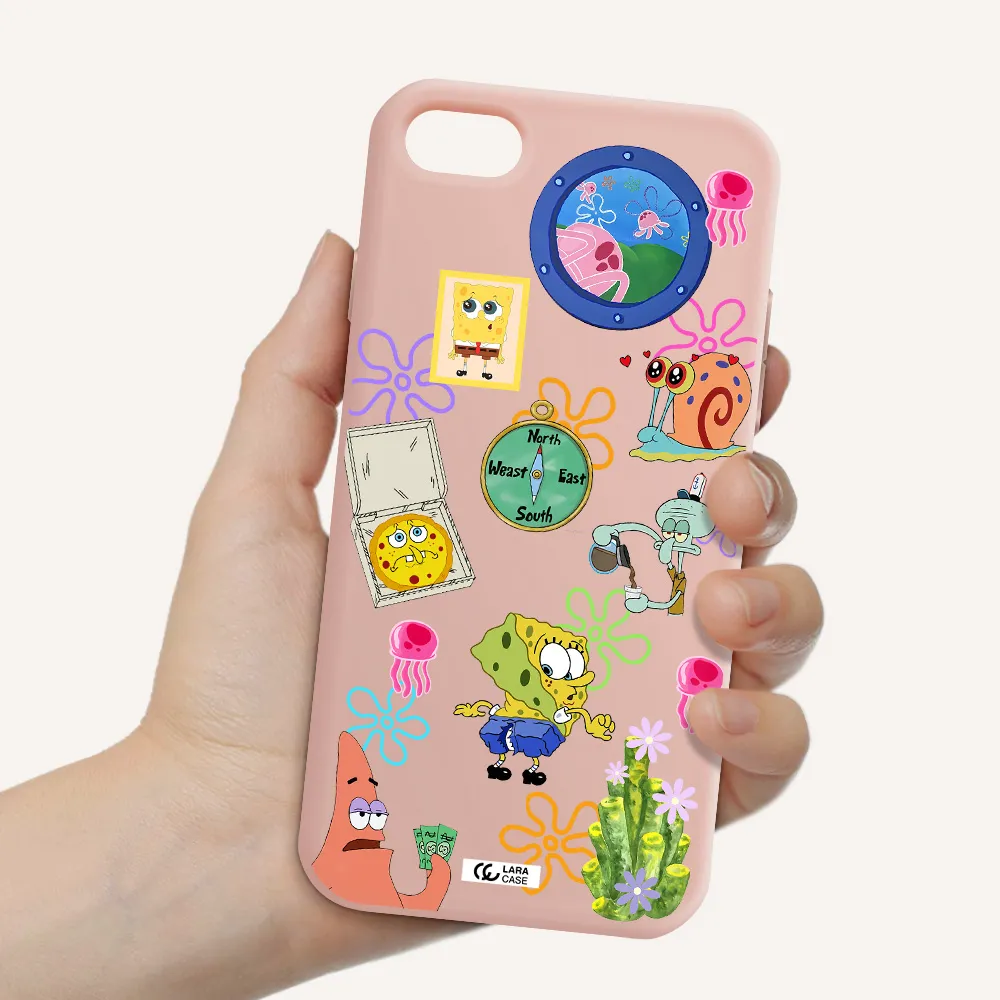 a collection of cartoon characters Apple iPhone 8 Silicone pastel pink Case
