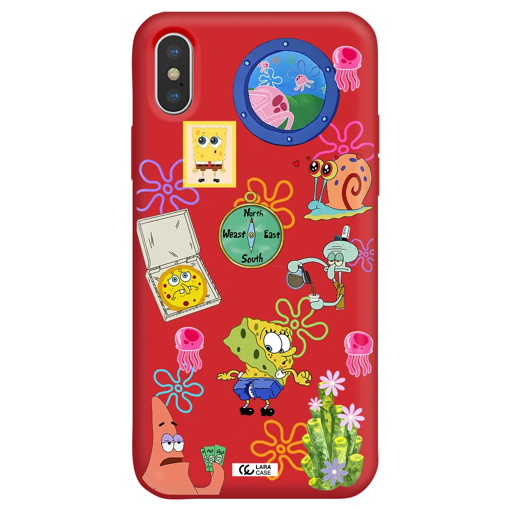 a collection of cartoon characters Apple iPhone X Silicone Imperial Red Case