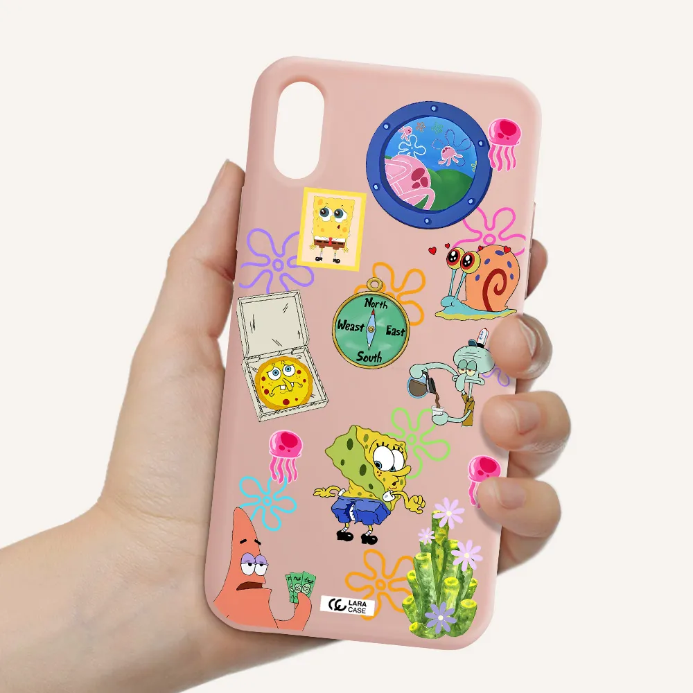 a collection of cartoon characters Apple iPhone X Silicone pastel pink Case