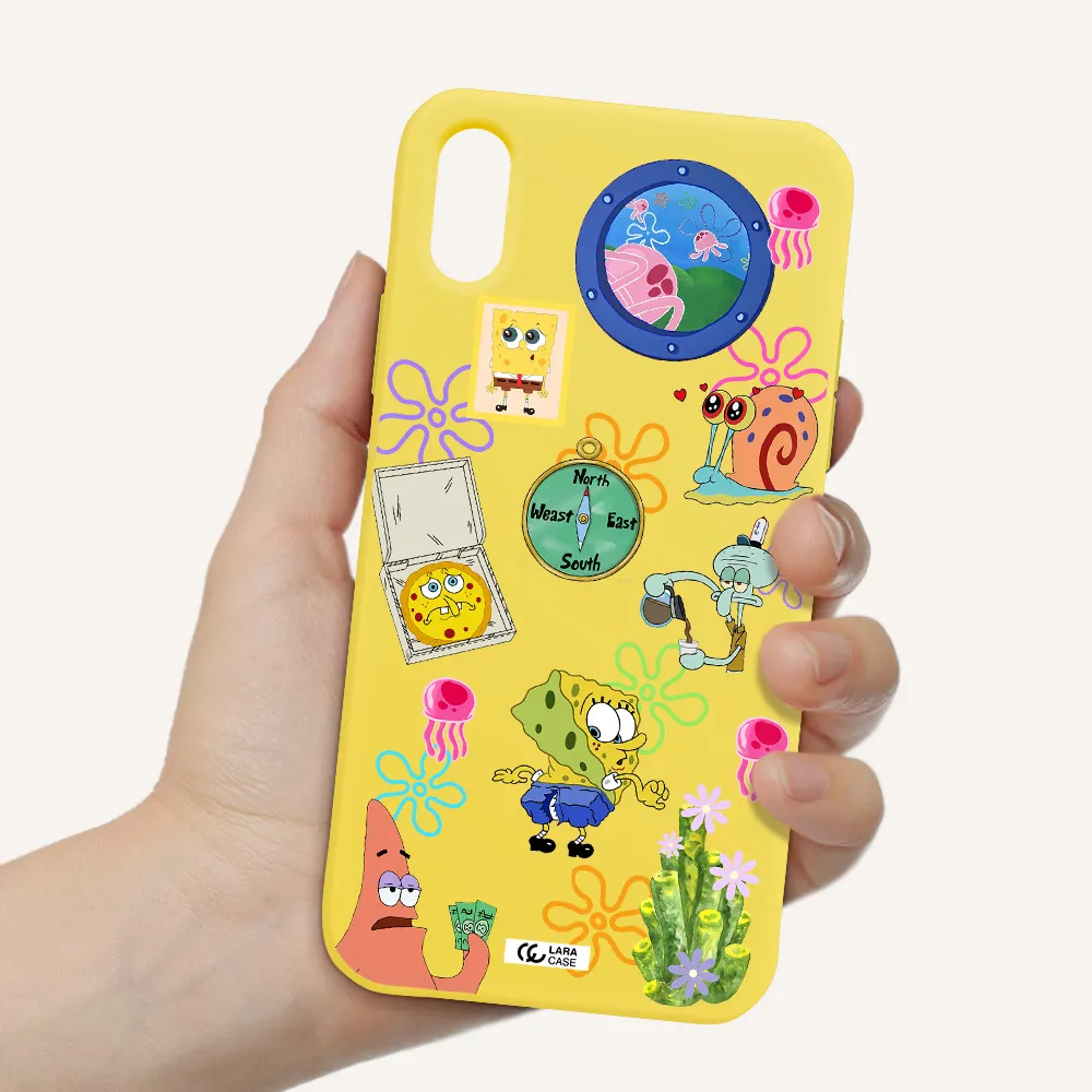 a collection of cartoon characters Apple iPhone XS Silicone canary yellow Case
