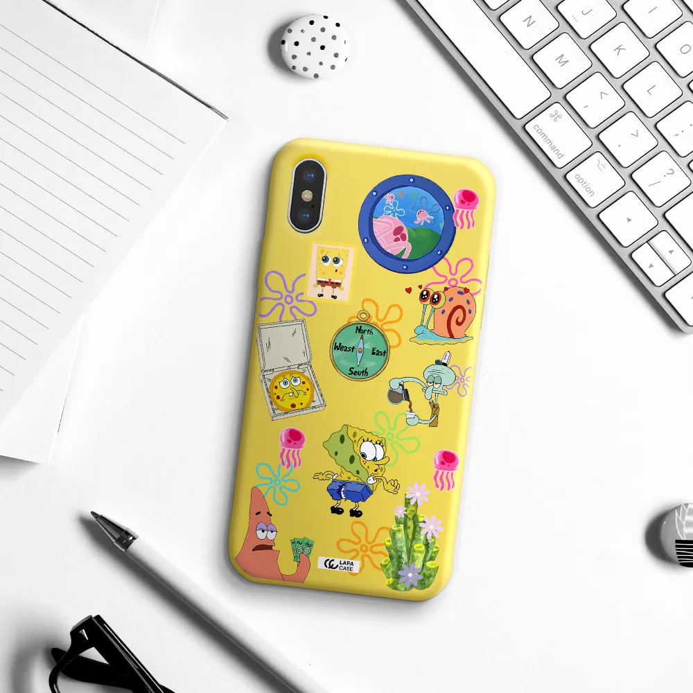 a collection of cartoon characters Apple iPhone XS Silicone canary yellow Case