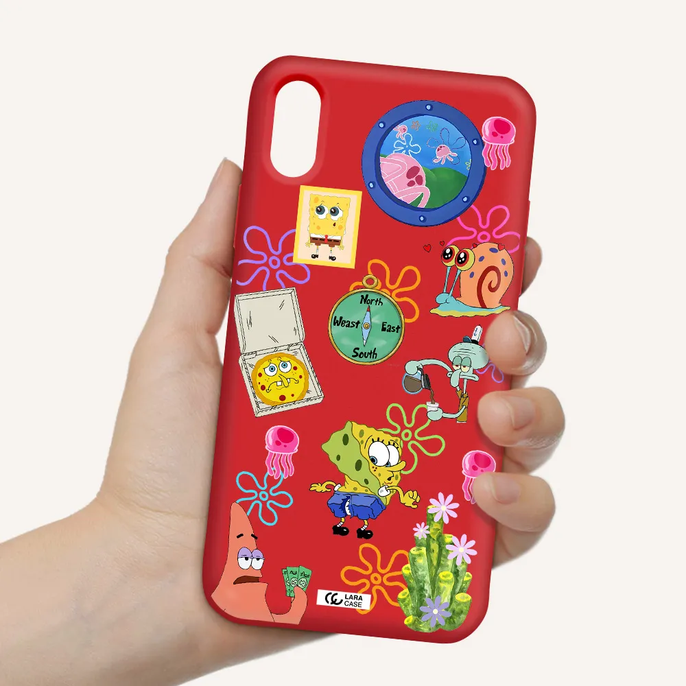 a collection of cartoon characters Apple iPhone XS Silicone Imperial Red Case