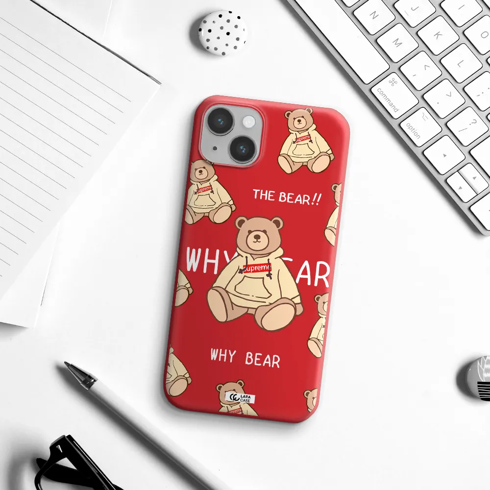 a pattern of a teddy bear Apple iPhone 14 plus Silicone Imperial Red Case
