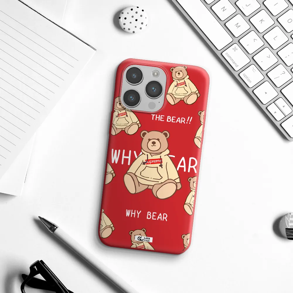 a pattern of a teddy bear Apple iPhone 14 pro max Silicone Imperial Red Case