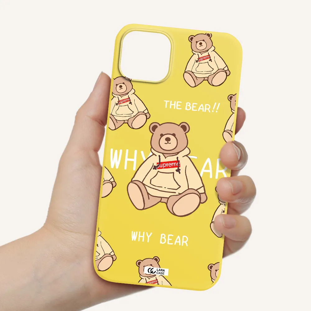 a pattern of a teddy bear Apple iPhone 14 Silicone canary yellow Case