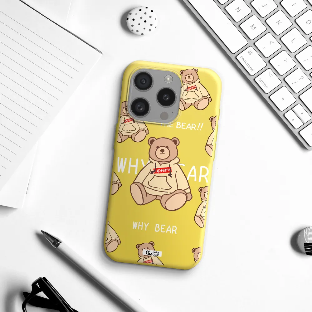 A Pattern Of A Teddy Bear Apple Iphone 15 Pro Silicone Canary Yellow Case