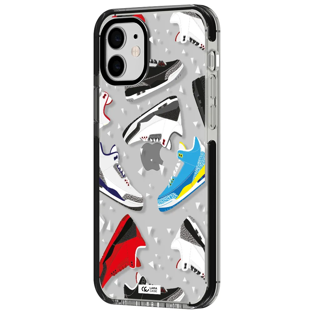 a pattern of different colored shoes Apple iPhone 11 impact black border Case