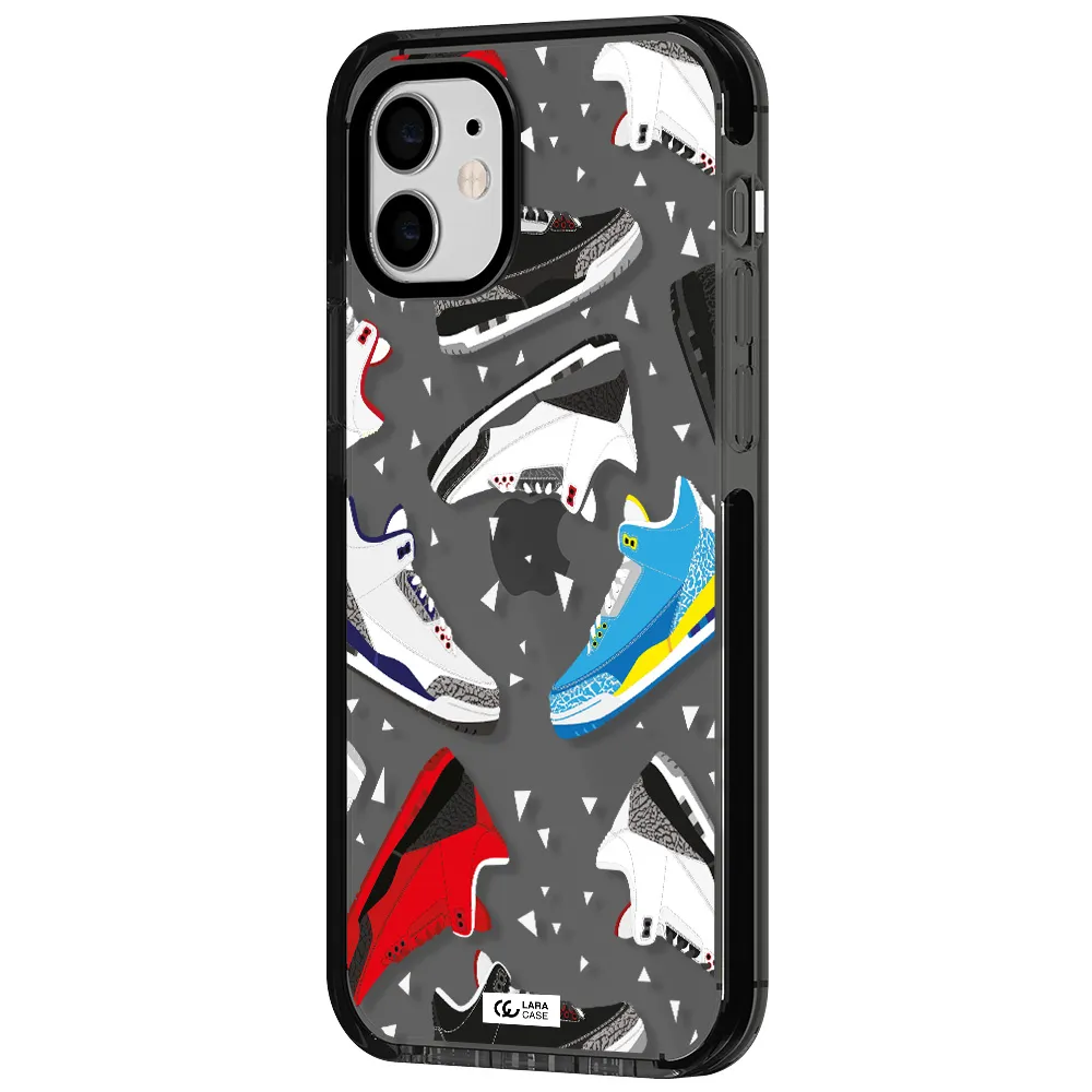 a pattern of different colored shoes Apple iPhone 11 impact Smoke Black Case